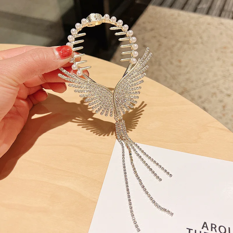 Women Pearl Hair Clip Long Tassel Full Rhinestone Hairpin Beautiful Wings Spring Hair Clip For Women Elegant Hair Jewelry