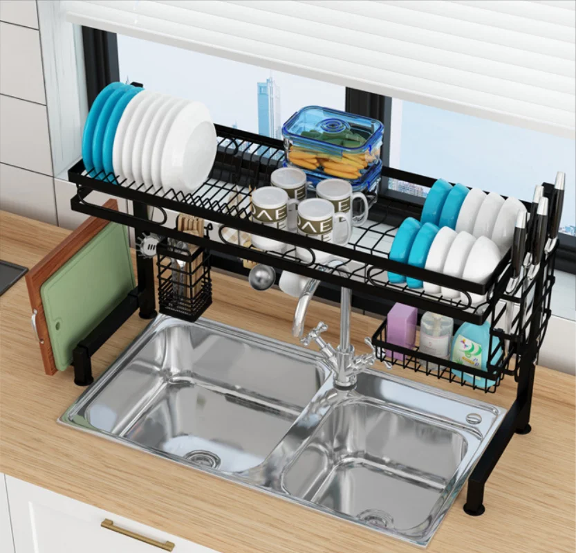 2 tier stainless steel black   drying dish racks Large Capacity Over The Sink Dish Rack