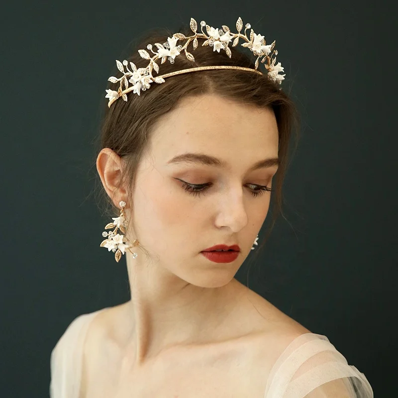 Amelie Bridal Hair Crown Tiaras And Earring Set Porcelain Floral Jewelry Wedding Headpiece Hair Accessories Queen Princess Crown