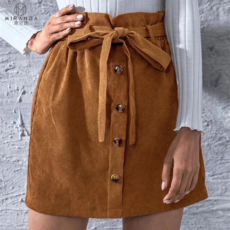 Wholesale Casual Women Button Front Paper Bag Waist Belted Corduroy Skirts