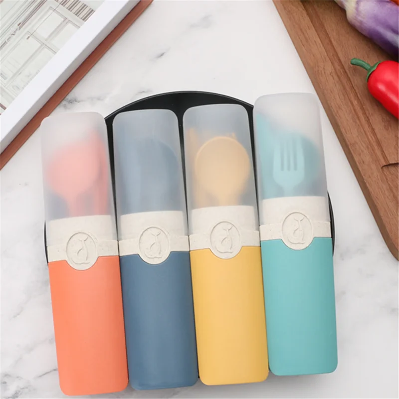 3pcs Portable Biodegradable Reusable Spoon Fork Eco Friendly Wheat Straws Cutlery Set with Box