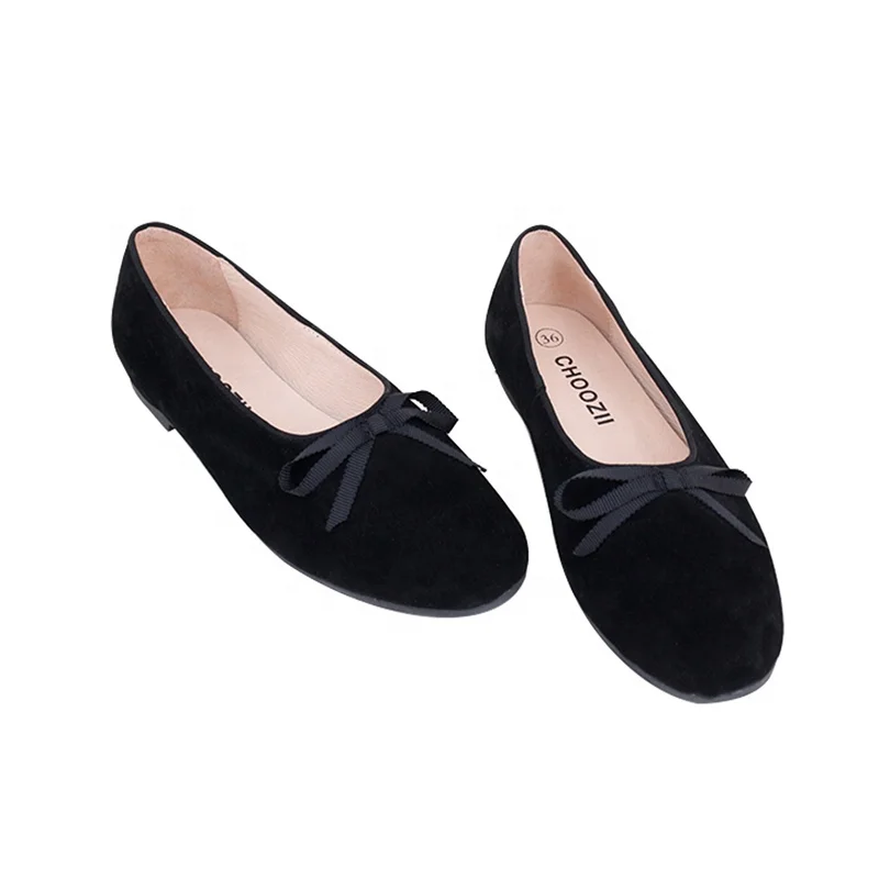 Custom Women Slip on Flat Mary Jane Shoes Black Suede Leather Bow Ladies Shoes for Ballet Women Shoes