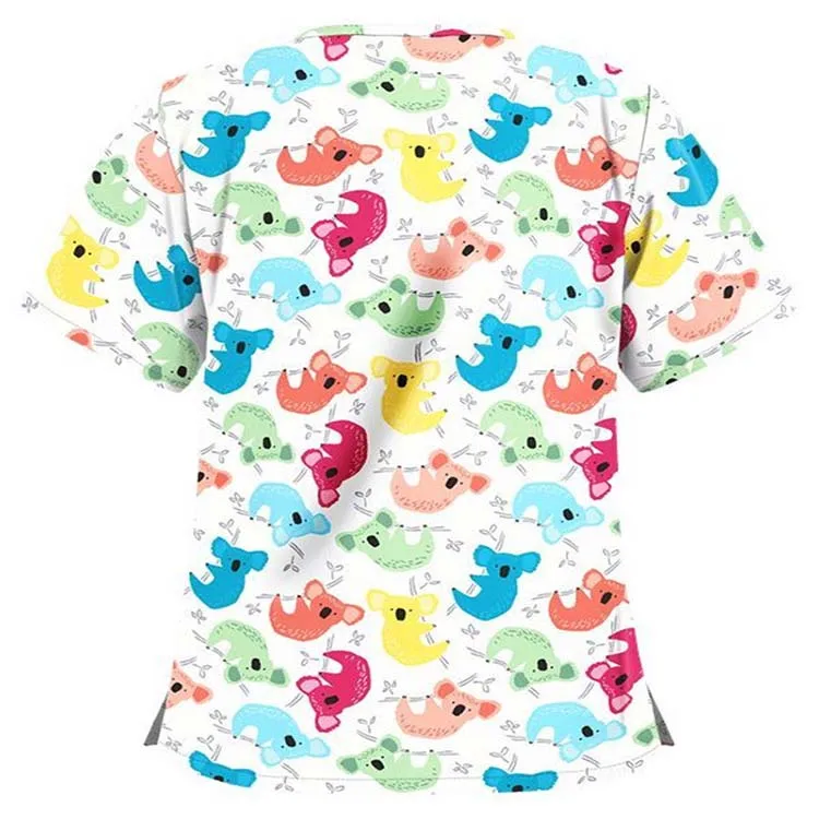 
cheap cute polyester spandex vendors design clinical female pattern printed nurse scrub tops 