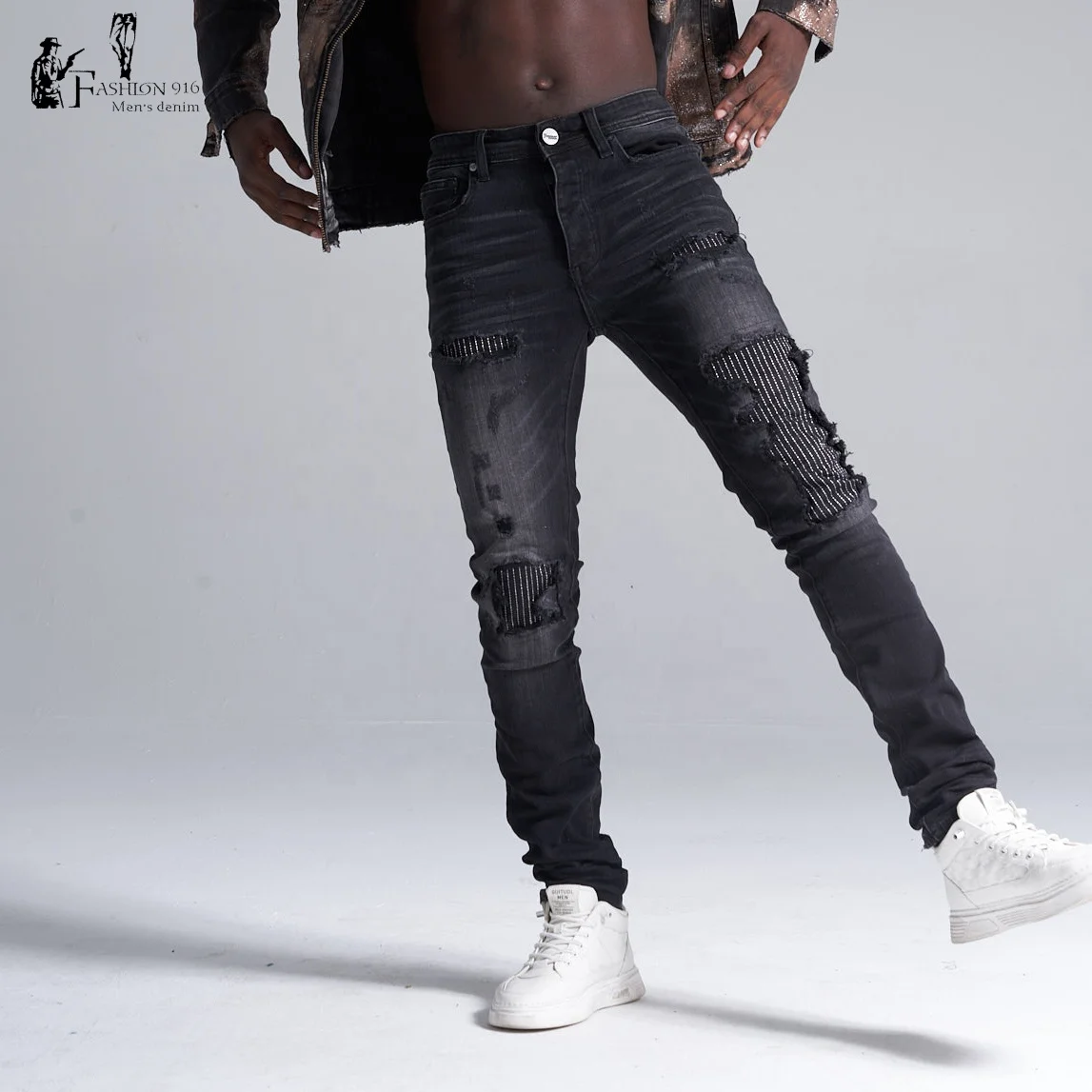 Пользовательские мужские джинсы Slim Fit потертые хлопок брюки