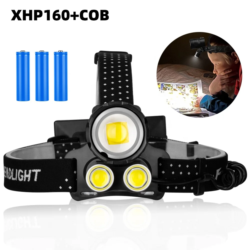 Мощный XHP160 Cob светодиодный налобный фонарь с зумом мощные светодиодные фары 18650 перезаряжаемые головные фонарики USB для