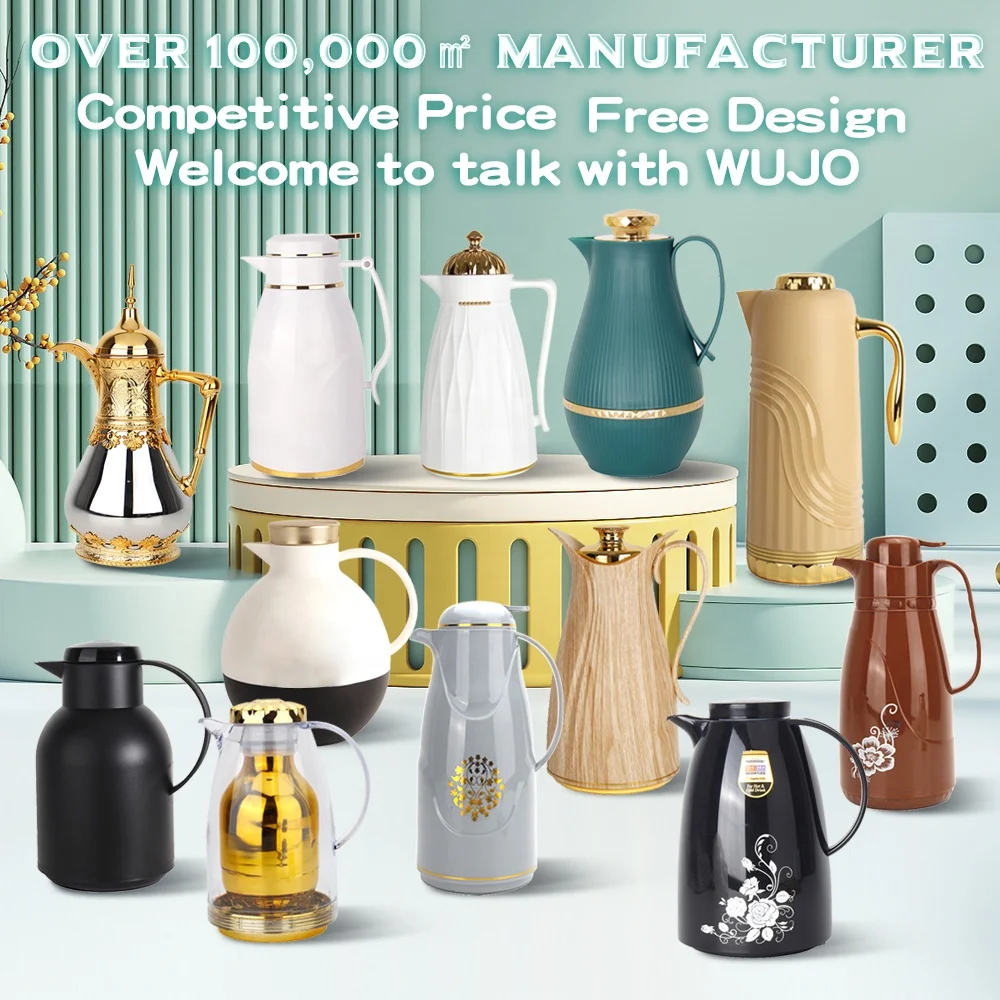 WUJO 2023 NEW Plastic Insulated Thermal Thermos Tea Vacuum Arabic Coffee Pot with pink glass refill