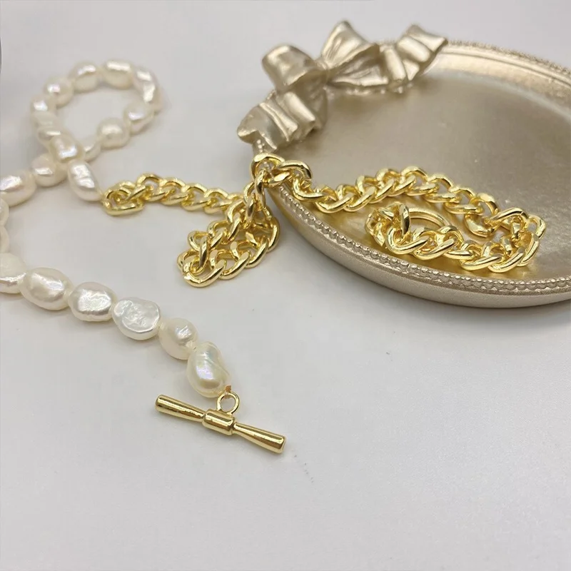 JCA Cuban Link Chain Freshwater Channel Pearl Gold Jewelry Necklaces