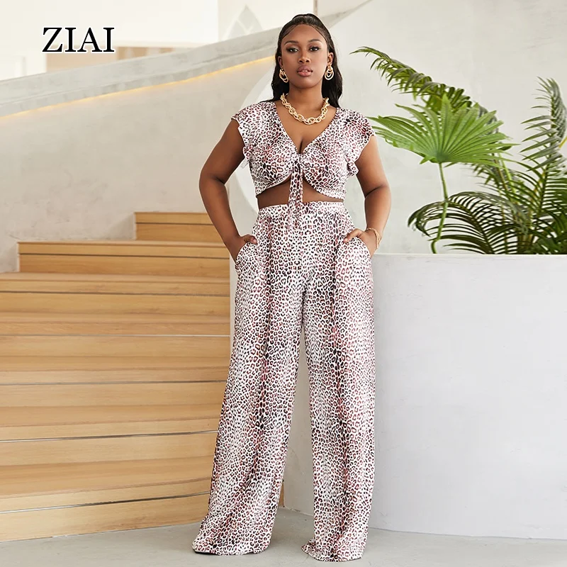 Large size two-piece leopard print European and American wrap-chest wide-leg pants suit