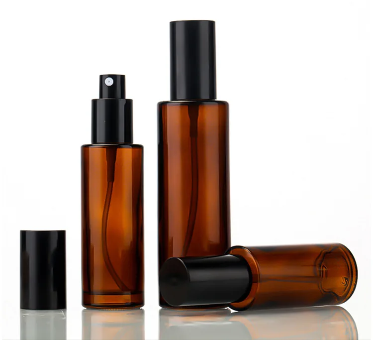 20ml-30ml 2oz3ozFlat Shoulder Custom Amber Empty  Lotion Pump Spray Glass Bottle with Black Cap Cosmetic Packing Bottle Set