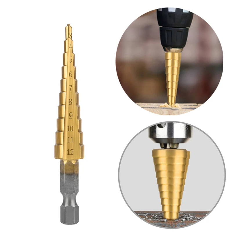 3Pcs Step Drill Sets 3-12mm 4-12mm 4-20mm Straight Groove Step Drill Bit Titanium Coated Wood Metal Hole Cutter Drilling