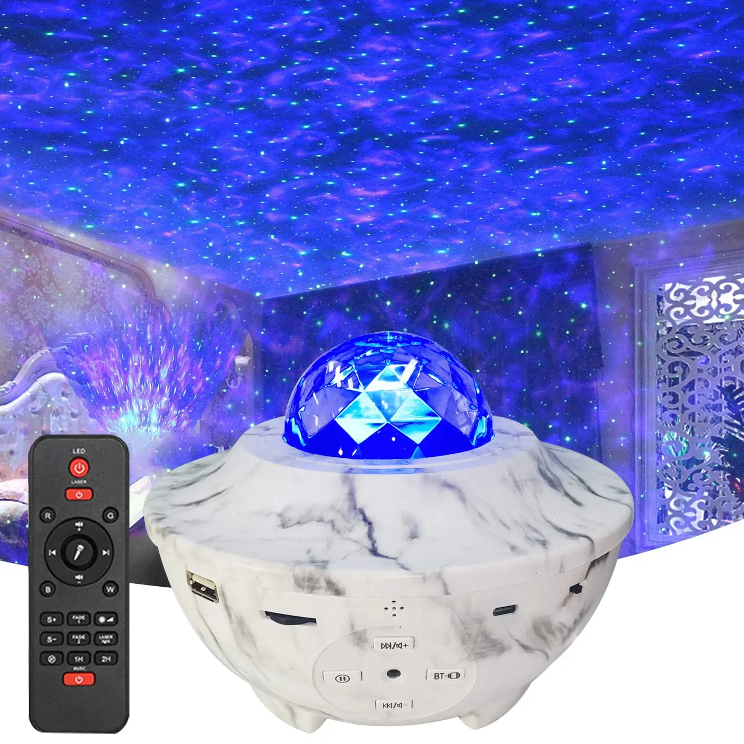 
2020 Newest Amazon hot sale Sky Laser Star Projector Ocean Wave Night Light Projector with Blue tooth Speaker LED Light 