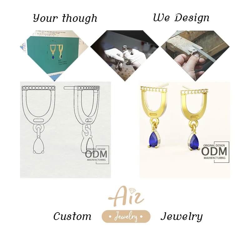 Aiz ODM Teardrop Shaped CZ Stone Ear Stud Trendy Fine Jewelry Manufacturers 925 Sterling Silver Stirrup Custom Earring With Logo