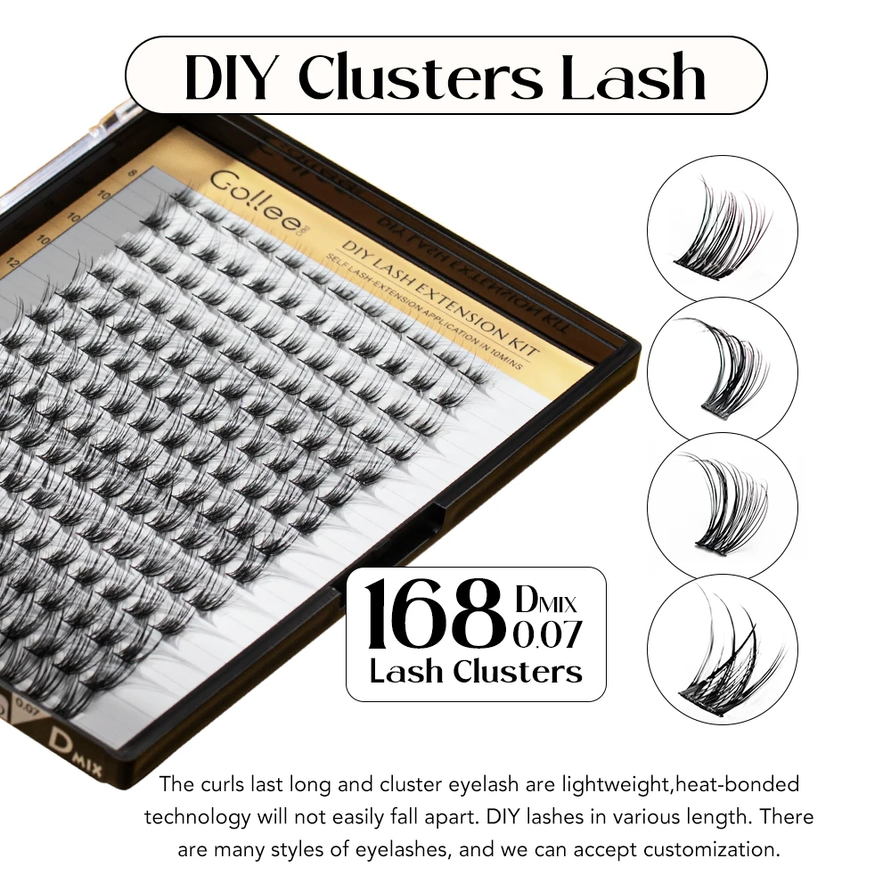 Gollee 30D 40D Packaging Custom Diy Cluster Lashes/Diy Eyelash Extensions Private Label/Diy Lash Extension Kit Bond And Seal