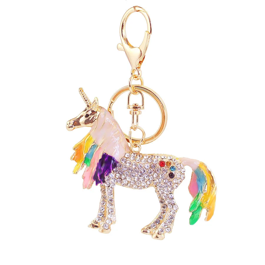 Exquisite metal glittering Unicorn Keytag crystal diamond Rhinestone Rainbow Unicorn Keyfob Car Bag Pendant Charms keyholder