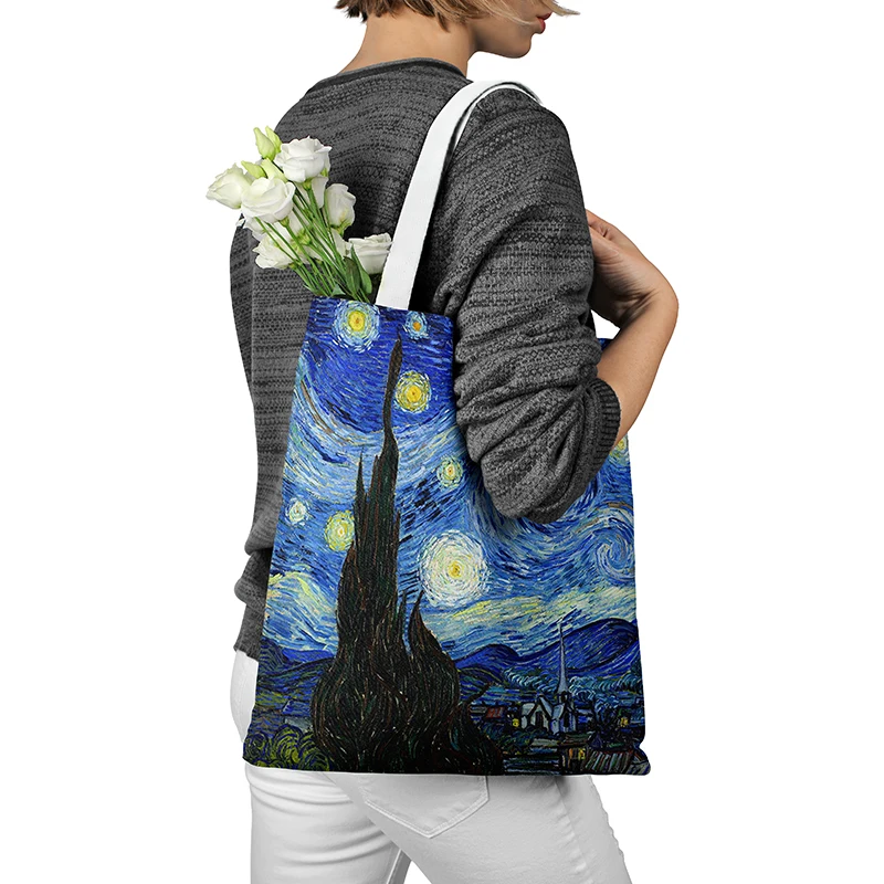 New Women Art Canvas Cotton Bag 3D Van Gogh Oil Painting Tote Bag Shopping Bag