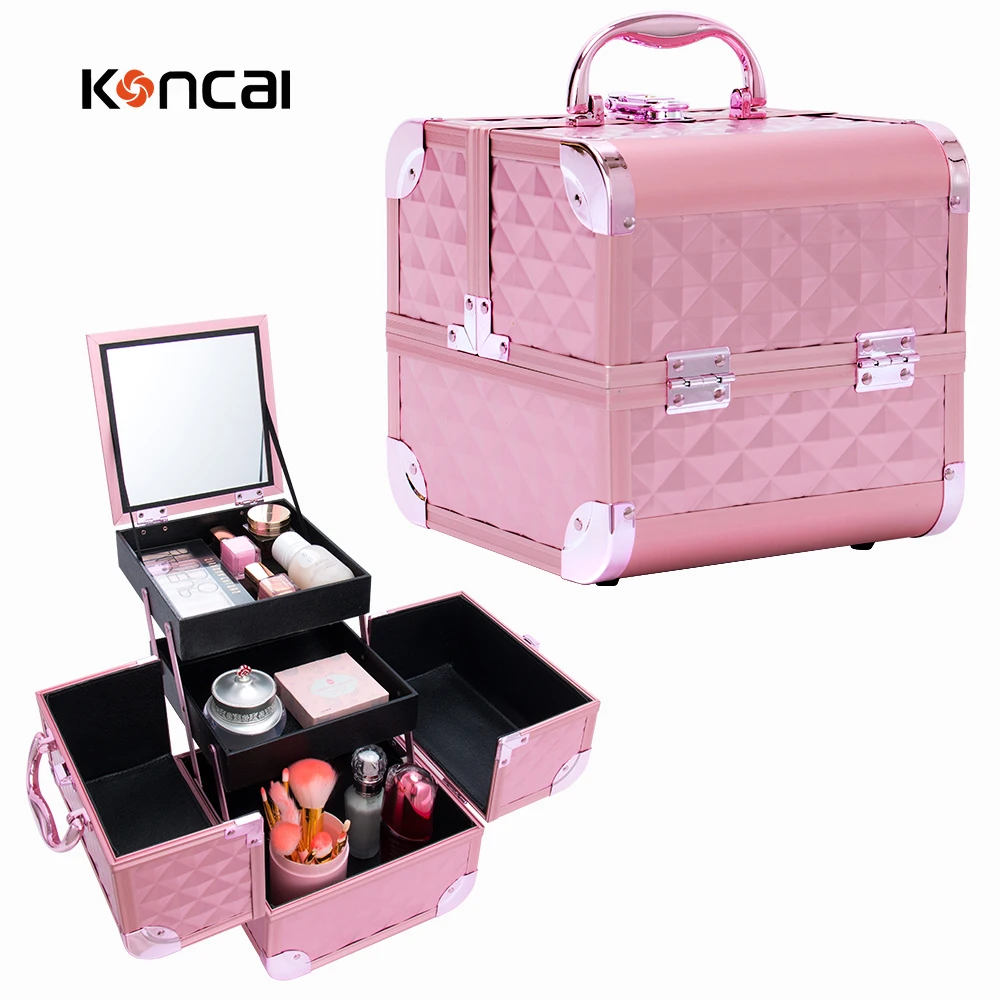high quality professional aluminum cosmetic case portable travel delicate vanity box  organizer beauty makeup case with mirror