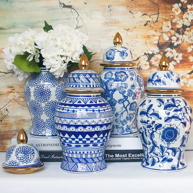 Сине-белые китайские керамические банки для обычных дужек, фарфоровые Роскошные вазы для цветов, украшение для дома под глазурью, оптовая продажа