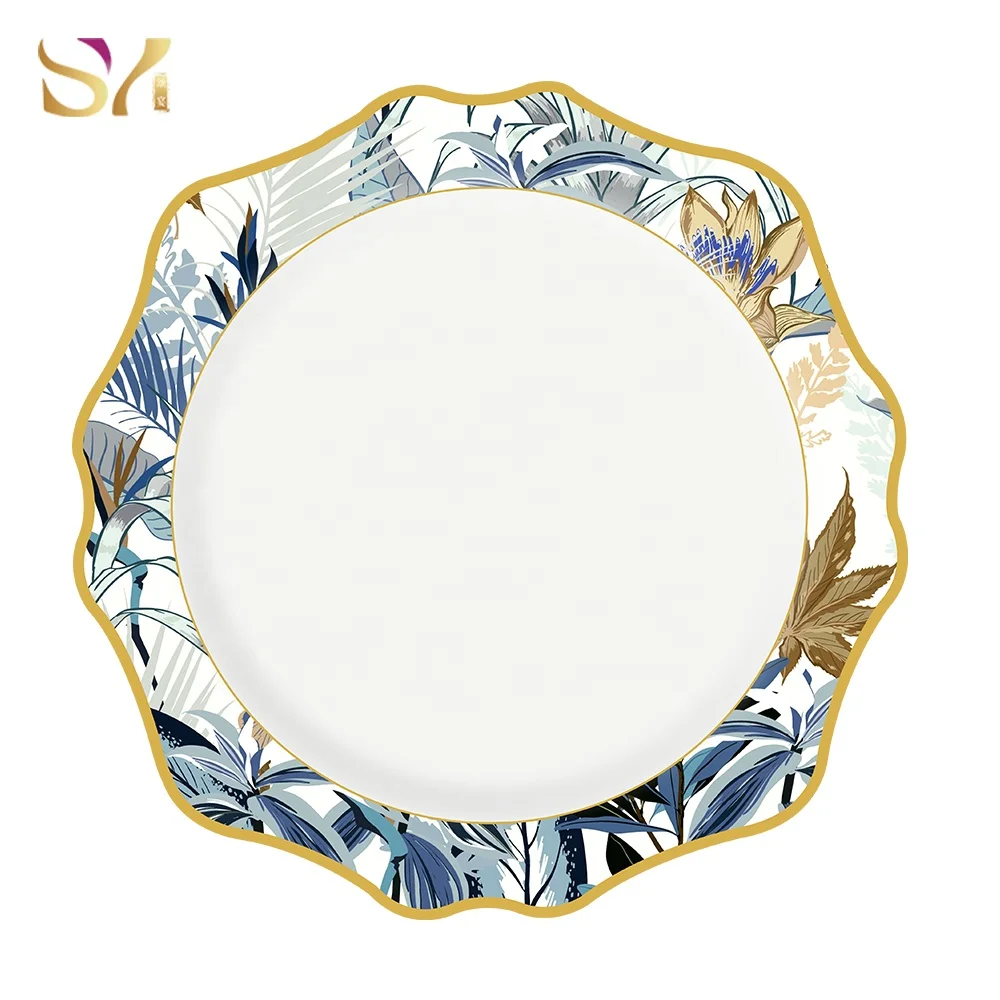 New Arrival Antique Cheap Blue Charger Plates Porcelain  4pcs Plate Set With Gold Rim