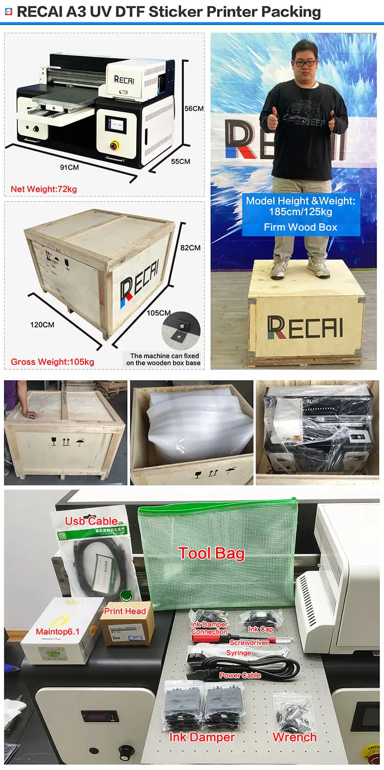 A3 Size RECAI New Product UV DTF Sticker Printer Flatbed Printer with DX8 Heads for Epson