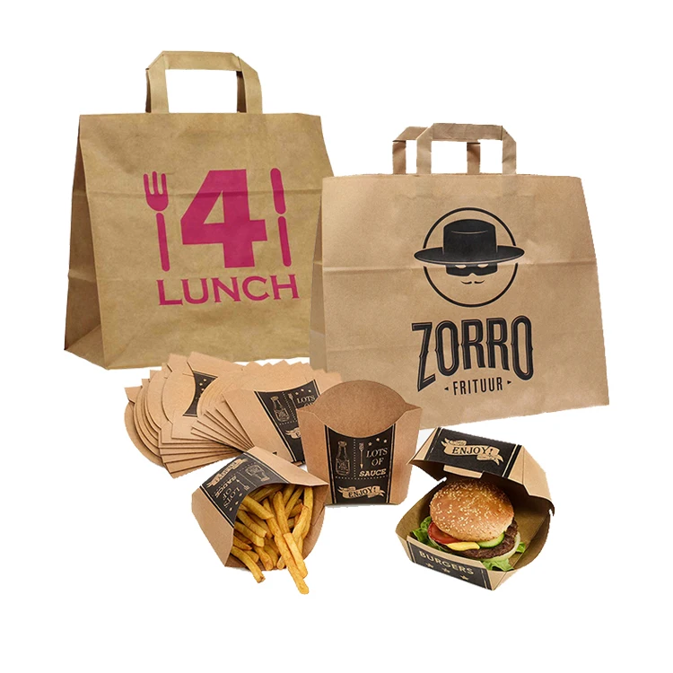 Custom Made Eco Friendly Biodegradable Flat Paper Handles Brown Takeaway Fast Food Kraft Paper Bag For Restaurant Packaging
