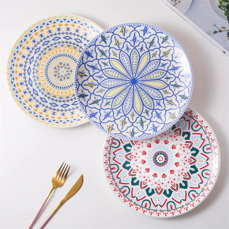 Popular Gift Items Customized Printing Morocco Bohemia Design Decorative Round Ceramic Large Plate Porcelain