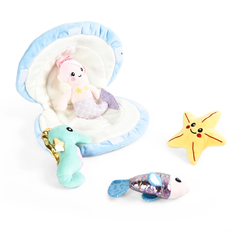 EarthyPawz Marine Style Shell Seahorse Fish Mermaid Shape Pet Cat Dog Puppy Plush Toy Set