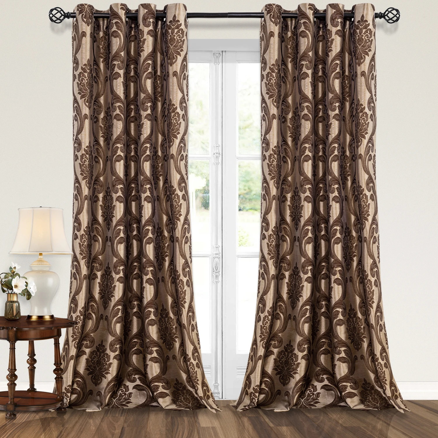 Damask Blackout Curtains for Bedroom Grommet Noise Reducing Thermal Insulated Floral Jacquard Window Curtains for Living Room