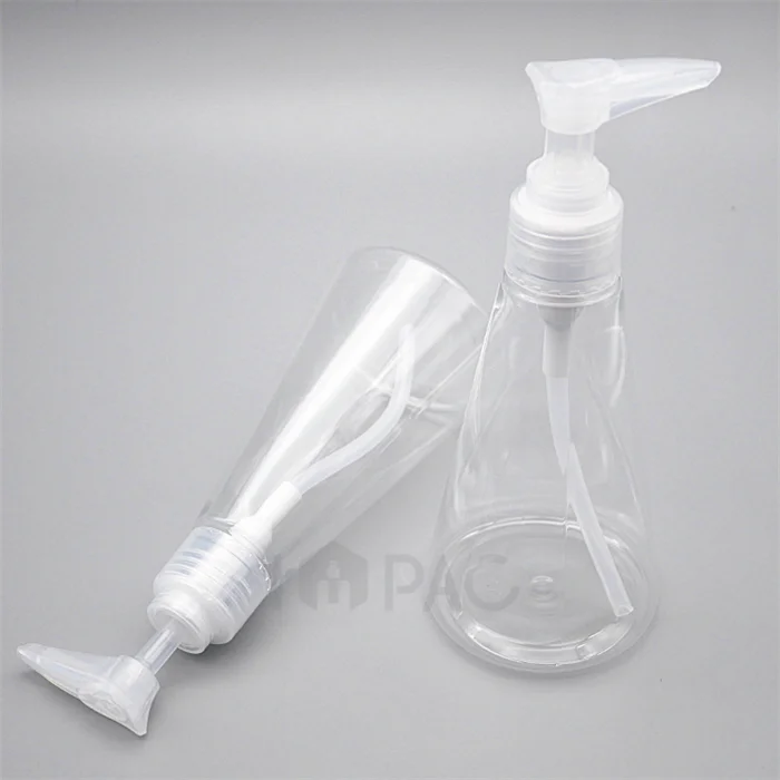 cone shape clear 6oz empty shampoo and conditioner spray bottle with clip pump