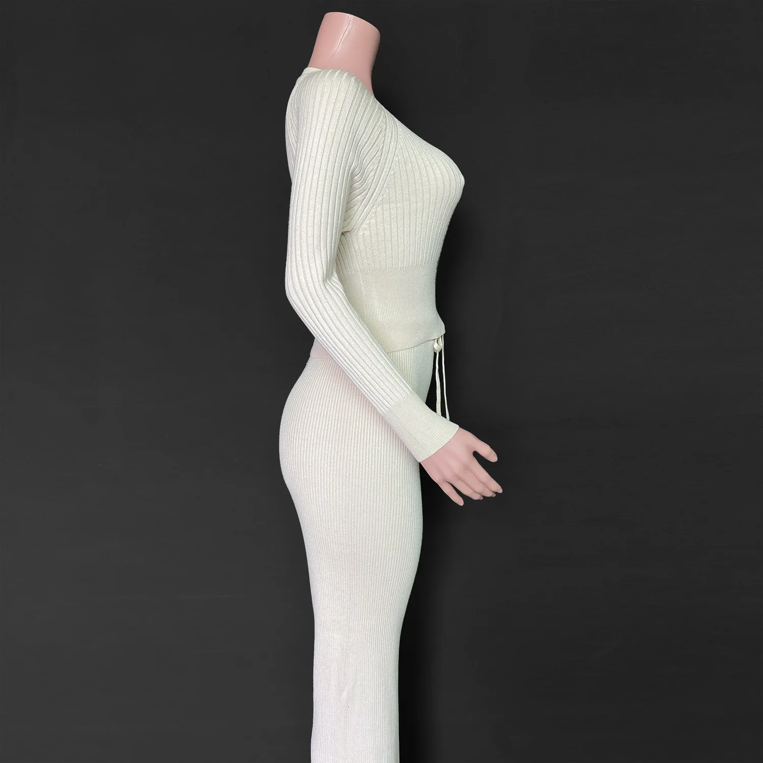 New Arrival High Quality Long Sleeve Wide Leg Knitted Ribbed Two Piece Lounge Wear For Women 5