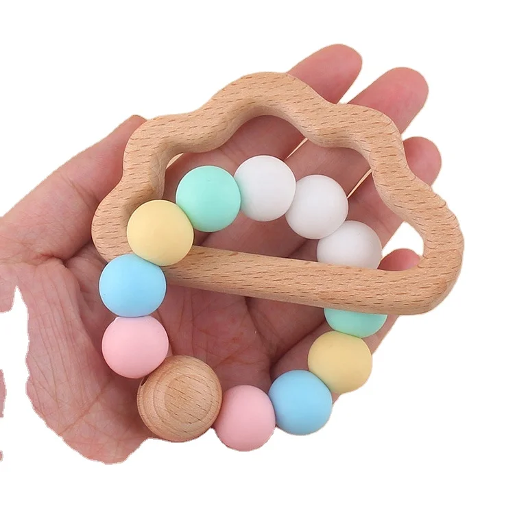 Environmental Protection Beaded Beech Chewable Sensory Baby Wooden Bracelet Silicone Teether Toys