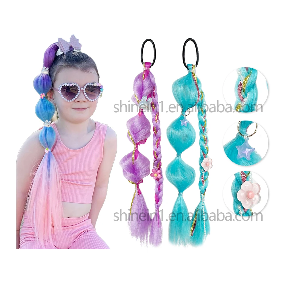 Alibaba New 24inch Pre Stretched Colored Hair Extensions Easy Braid Ombre Synthetic Bubble Braided Ponytail for Kids