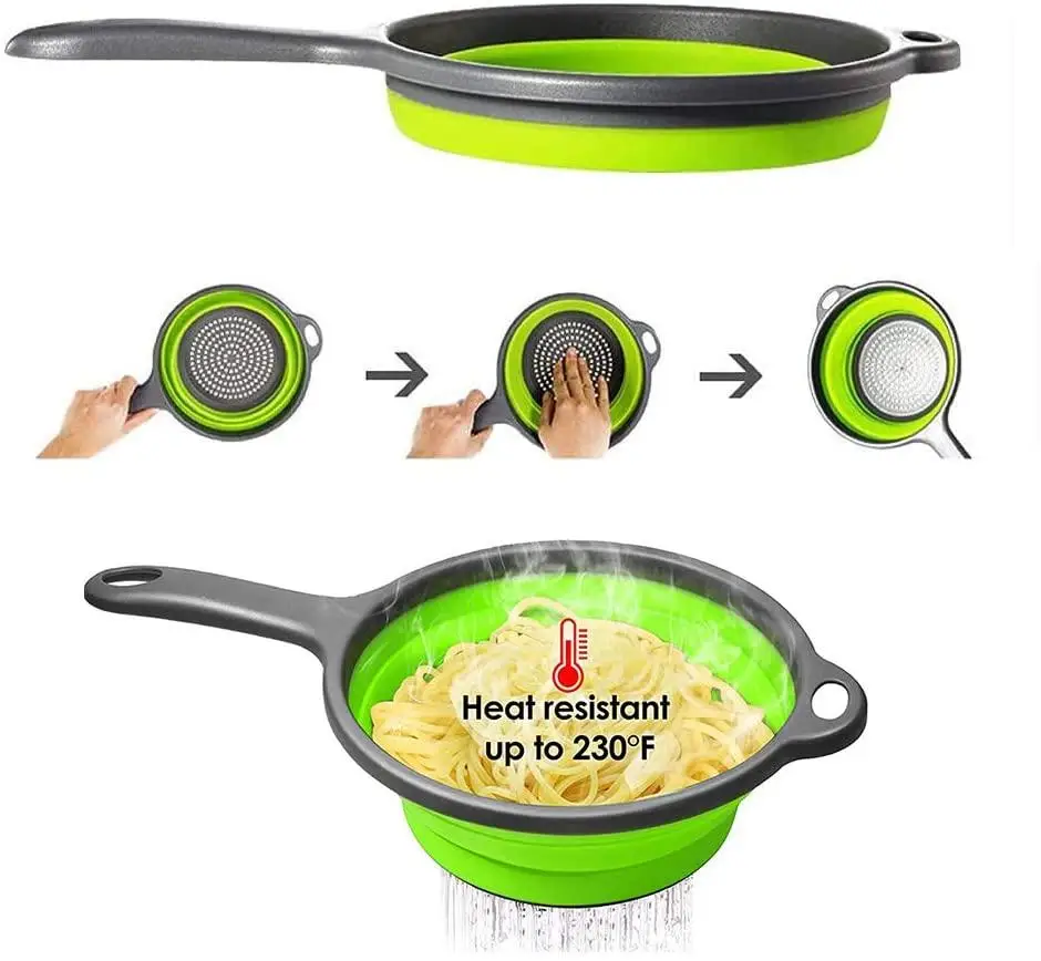 Collapsible Colander Set, Pasta Strainer Basket with Plastic Handles, Collapsible Strainers for Kitchen with  Handles