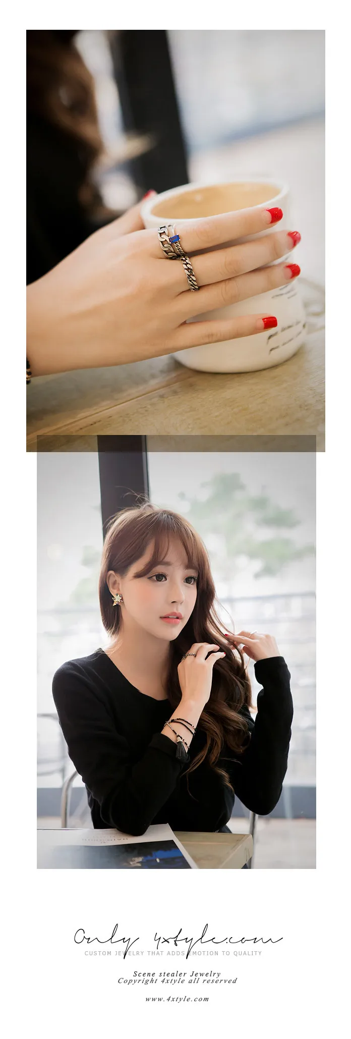 925 sterling silver open ring square black agate retro versatile Korean sterling silver ornaments versatile single products