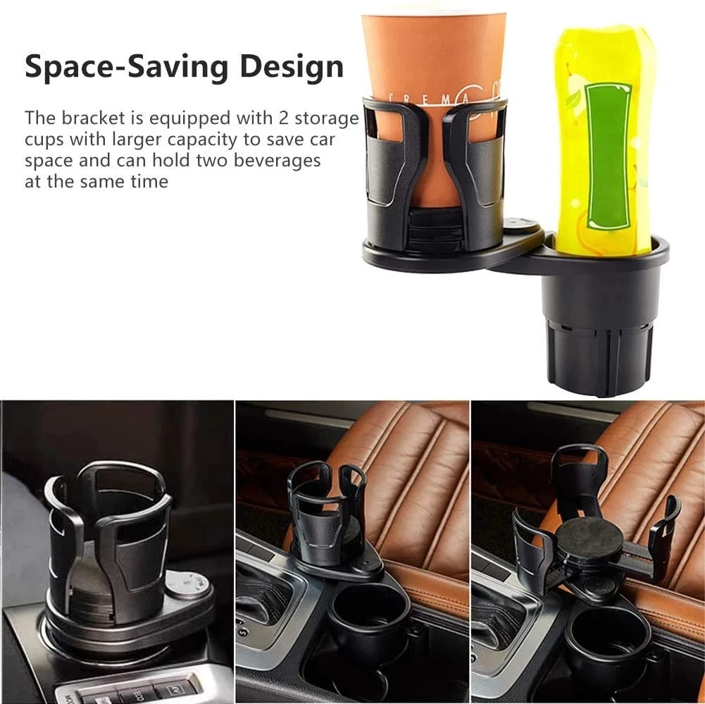 2 in 1 Multifunctional Car Cup Holder 360 Rotating Adjustable Car Cup Holder Expander Adapter Base Tray for Snack Bottles Cups