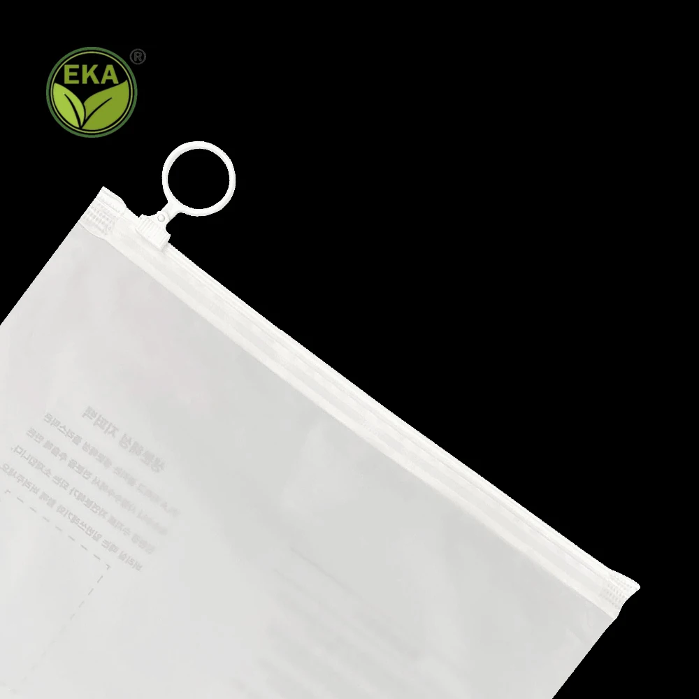 EKA Custom Logo Printing Slide Matte/ Frosted Biodegradable Zipper Plastic Bag Clear Clothing Tshirt Poly Zip Bag With Own Logo
