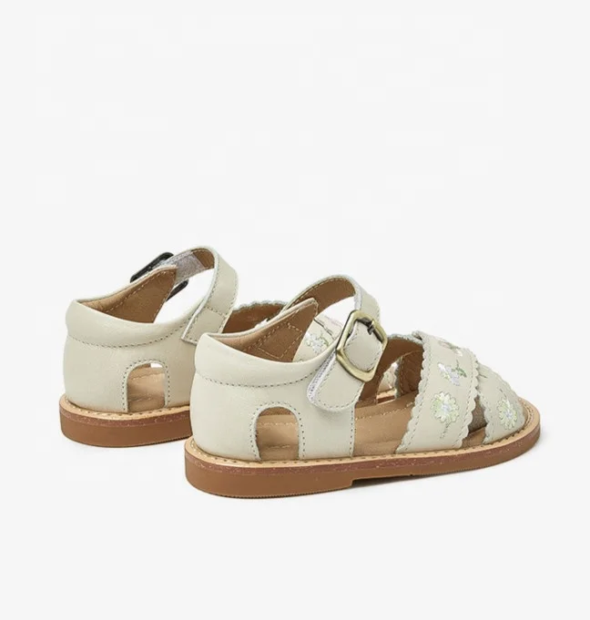 2023 Kids Children Leather Embroidery Flowers Crossed Strap Little Girls Princess Flat Sandals