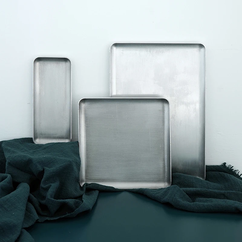 Decorative Serving Tray for Restaurant Cafe Home, Aluminum Tabletop Organizer Vintage Brushed Sliver Color Storage Tray