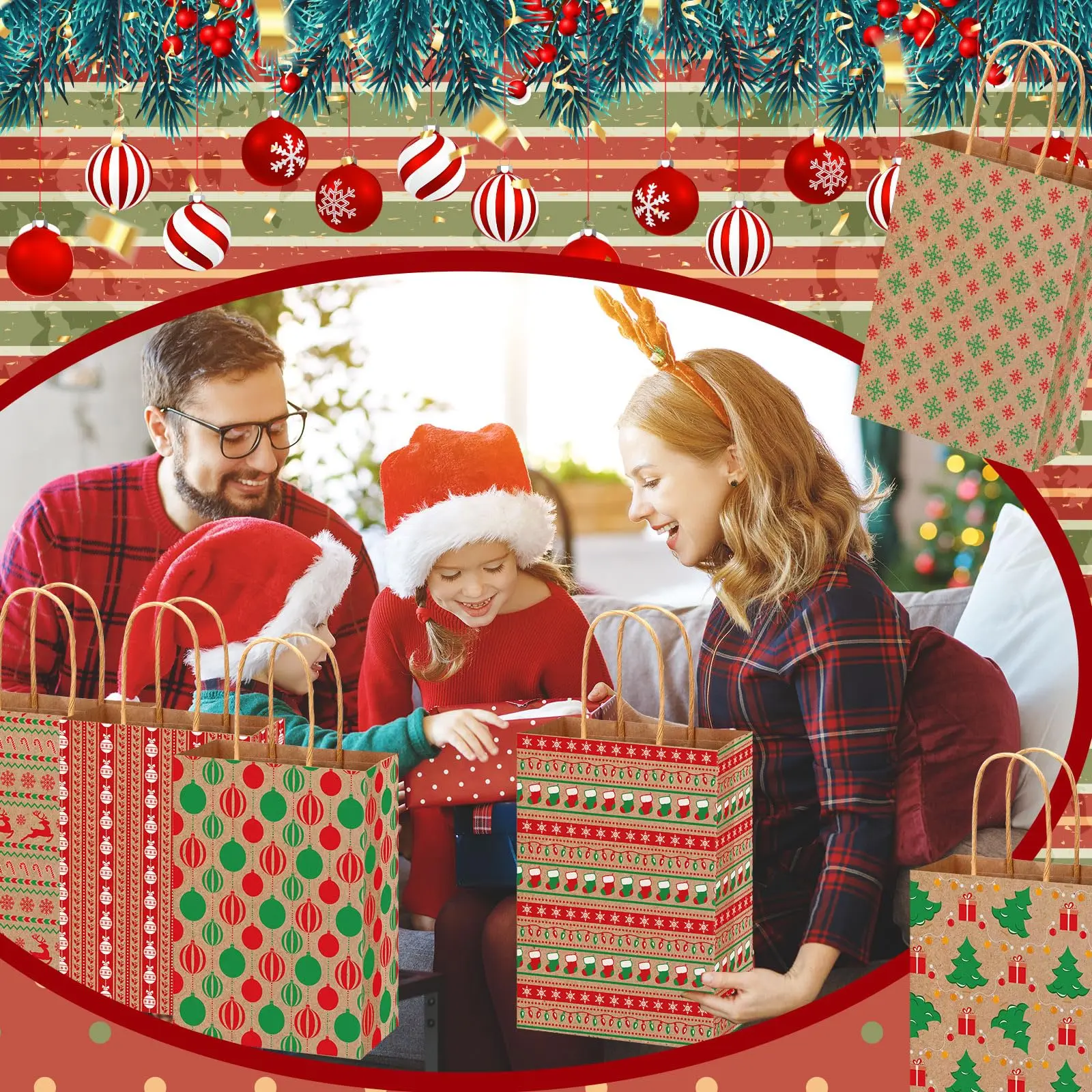 Wholesale cheap gift bags with handles loose and reusable Christmas paper bags and kraft paper bags