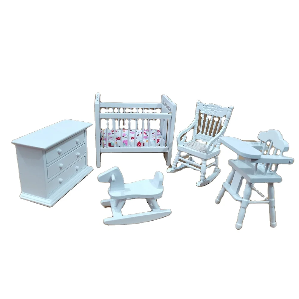 Dollhouse Furniture White Wooden Nursery Bedroom 5pcs Set Non-Toxic Paint M3399