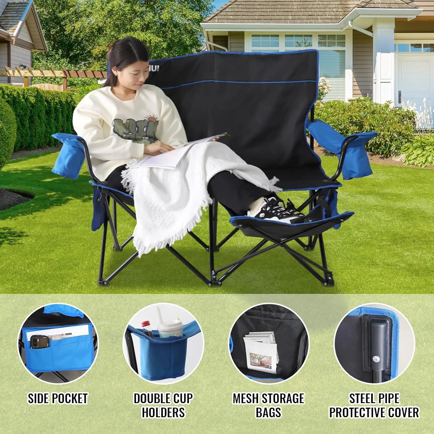 Outdoor Black Loveseat Portable 2 Person Folding Camp Chairs Camping Chair with Foot Rest  with Storage Cup Holders for Adults