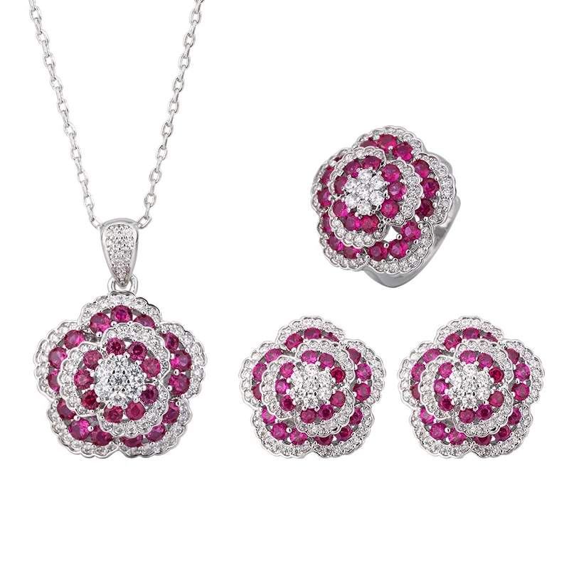 EYIKA Luxury Designer Wedding Flower Jewelry Set Party Bridal Zirconia Rings Full Diamond Big Flower Ring For Women