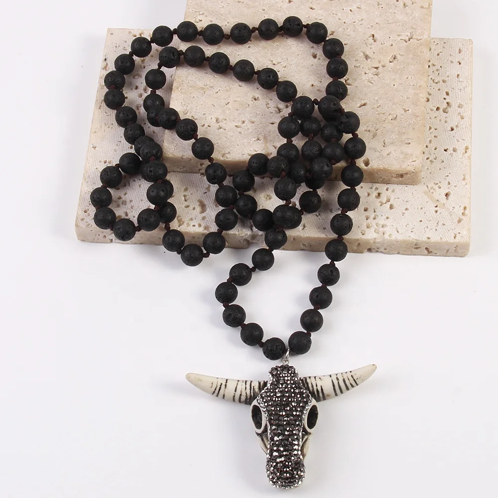 Bohemian Tribal Jewelry Lava Stone Necklace Knotted Handmade Rhinestone Paved Buffalo Skull Bull Horn Head Pendant Necklace