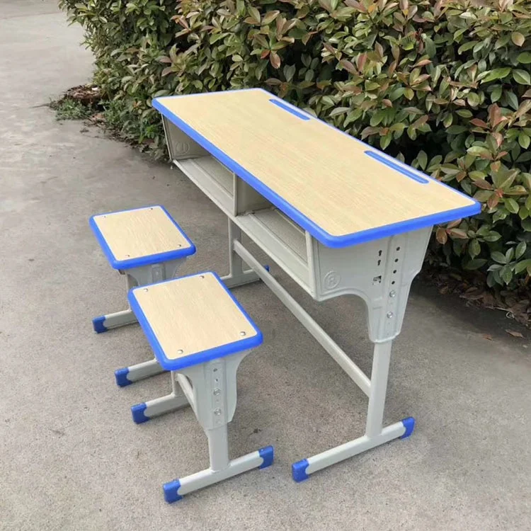 2022 New Design Style School  Furniture University Student Desk and Chair Double Seat Table Chair Set