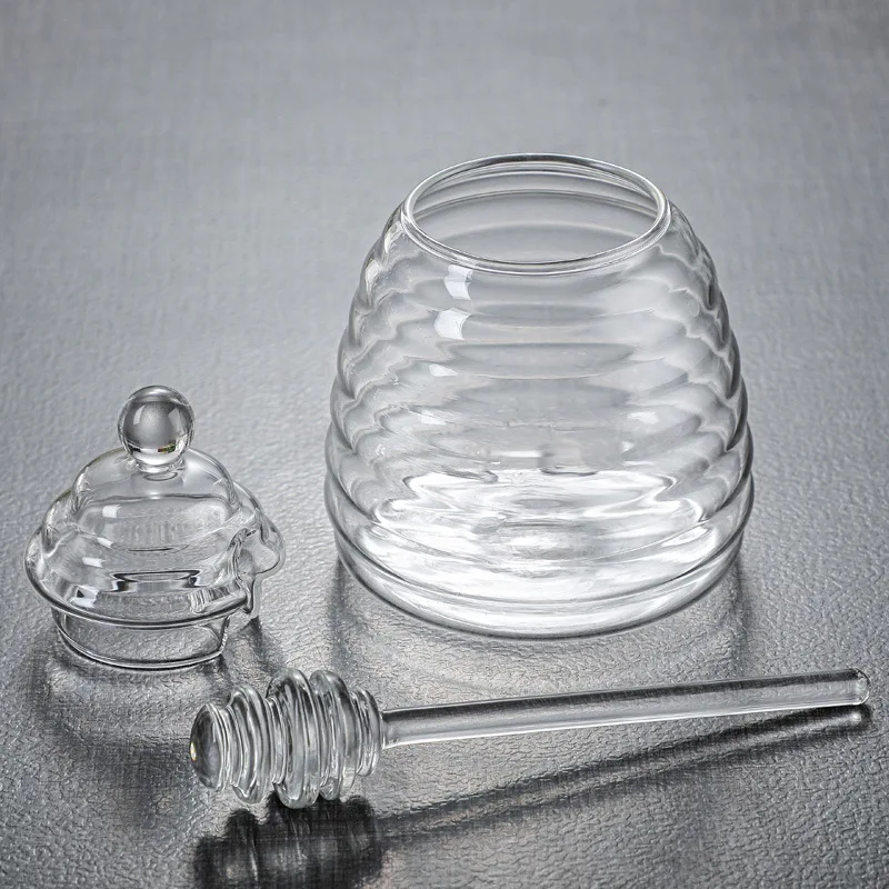 Wholesale household high borosilicate glass honey jar with lid glass stirring stick Honey bottle Creative glass transparent jar
