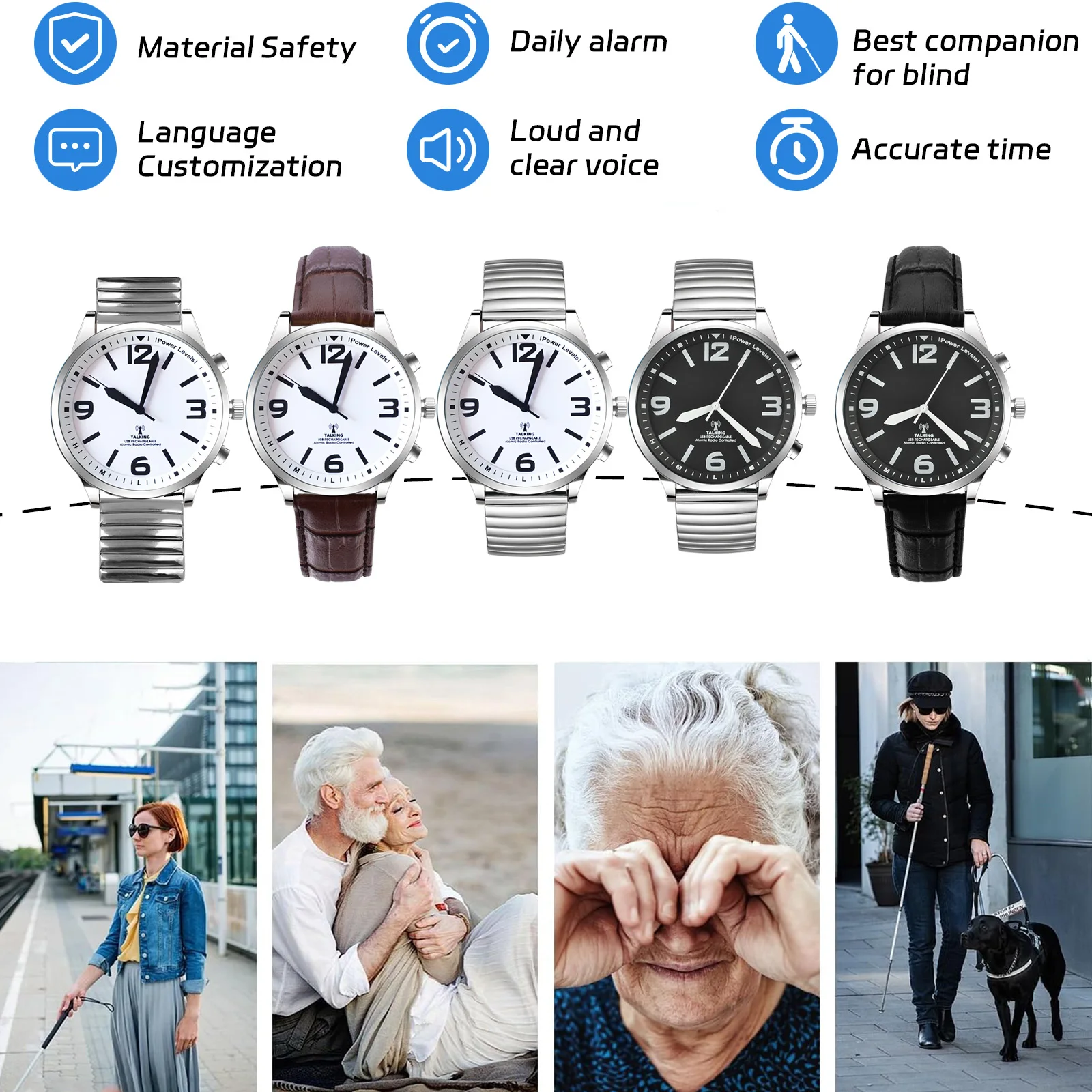 English Atomic Radio Controlled Talking Watch for Unisex Seniors Men Loud Sound Time Day and Date Alarm Clock Visually Impaired