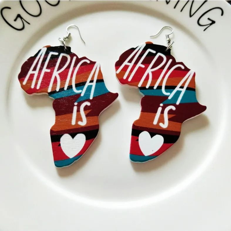 Wholesales Fashion Drop Painted Africa Wooden African Map Earings For Women