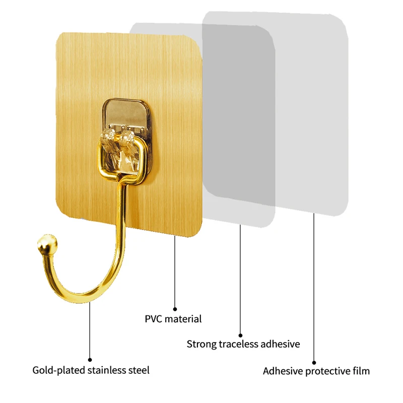 Amazon Hot Sale Brushed Wall Sticker Hook Removable Gold-Plated Strong Self Adhesive Plastic Hanging Clothes Keychain Towel Hook