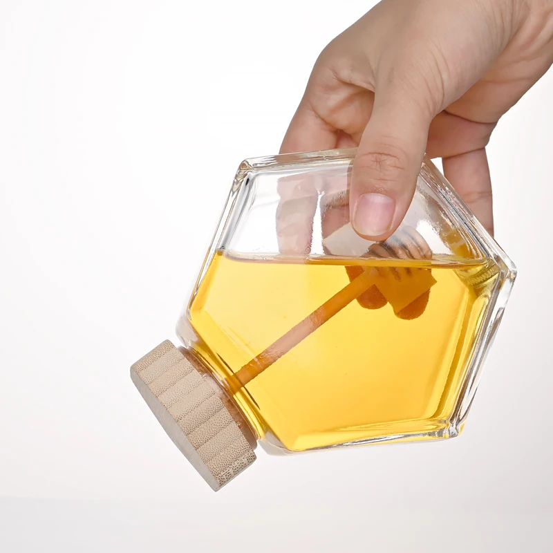 Wholesale 100ml 220ml 380ml Empty Honey bottles Clear Honeycomb hexagon bee shaped Glass Honey Jars with Lid Spoon and Dipper