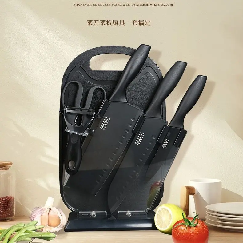 7pcs Black Stainless Steel Knife Set Kitchen Chopping Knife Set with Cutting Board and Knife Holder