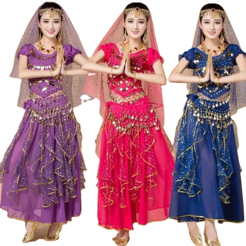 Xinjiang Indian dance costumes short-sleeved  New belly dance ethnic style colorful dot skirt suit for women